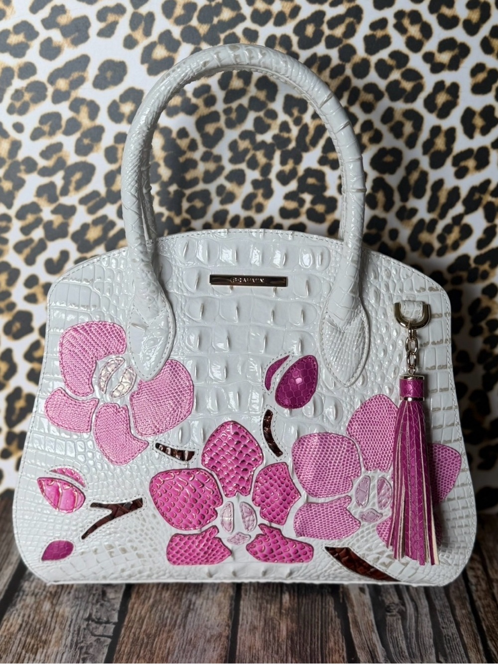 Brahmin Rosetta Sea Salt ANABAS Floral Satchel White Pink Flowers NWT